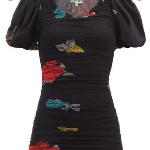 GANNI Ruched Floral print mesh jersey mini dress Size 38 GER - Picture 6 of 8